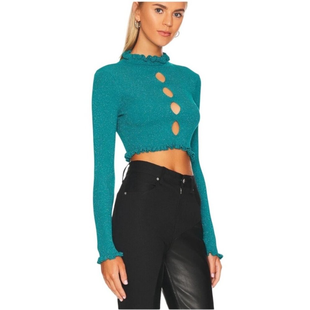 For Love & Lemons Lorelei Cropped Metallic Ruffled Trim Sweater With Keyhole Cut